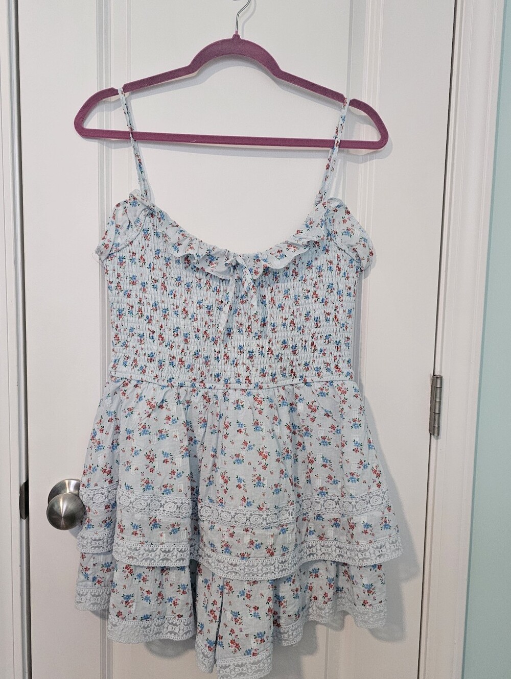 NWOT- Altar'd State Light Blue Floral Smocked Tiered Skort Mini Dress- Size L